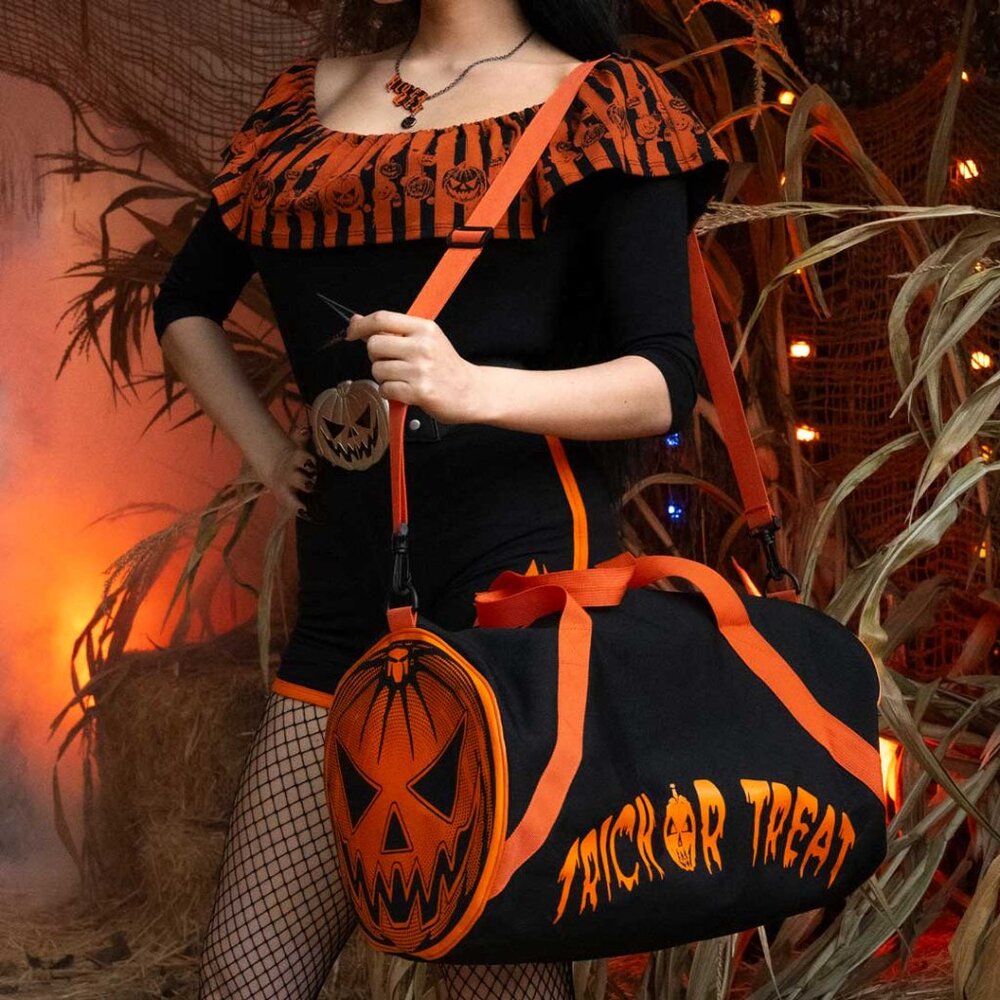 Trick or Treat Pumpkin Jackolantern Barrel Bag For Gym or Travel Optional Strap - Picture 2 of 5